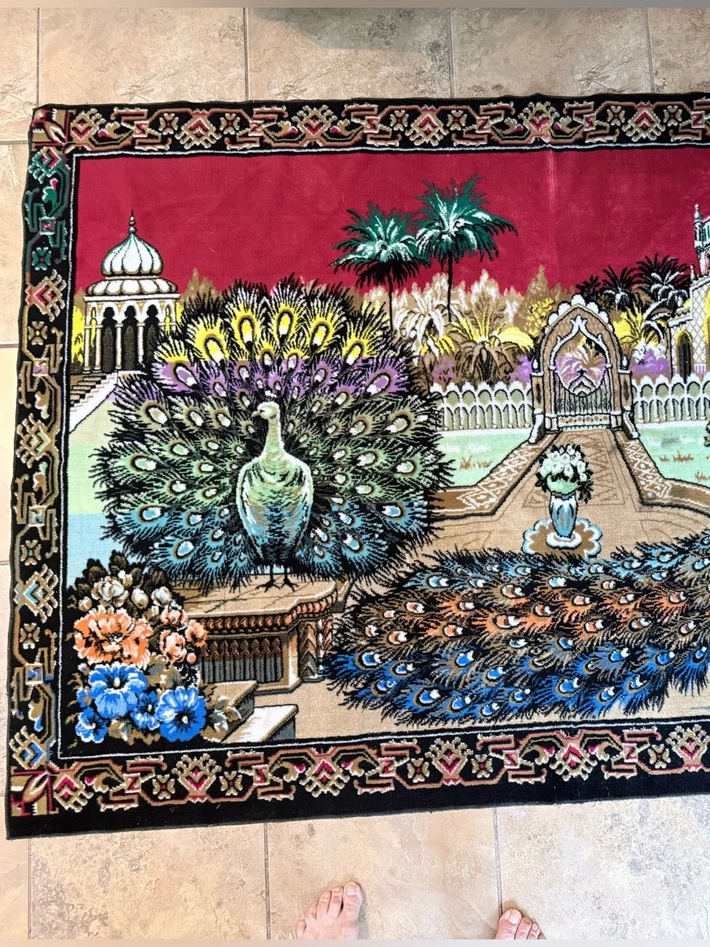 Vintage 1970 Circa Velvet Peacock Wall Tapestry Rug - 64